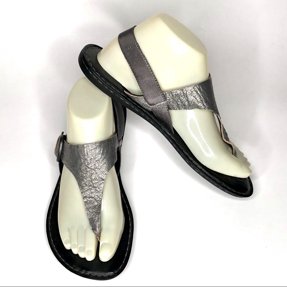 Born Pebbled Pewter Leather Flat Buckle Sandals